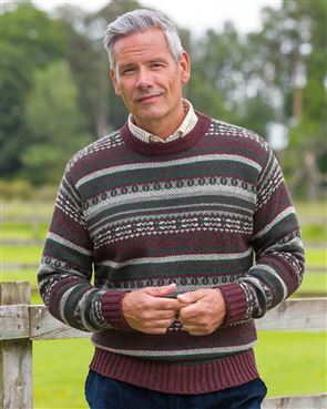Burgundy Mix Shetland Fairisle Crew Neck Sweater Mens